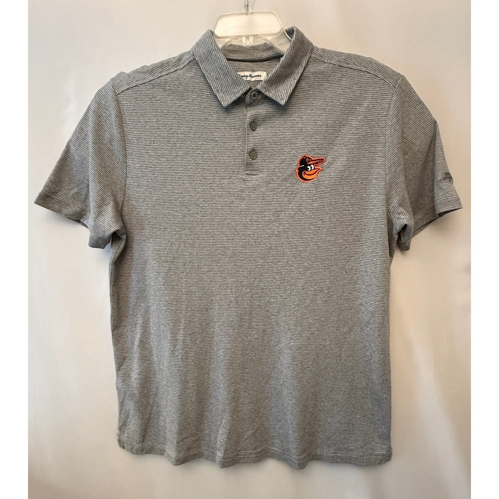 Tommy Bahama Baltimore Orioles MLB Polo Shirt Mens Large Grey Striped Cotton